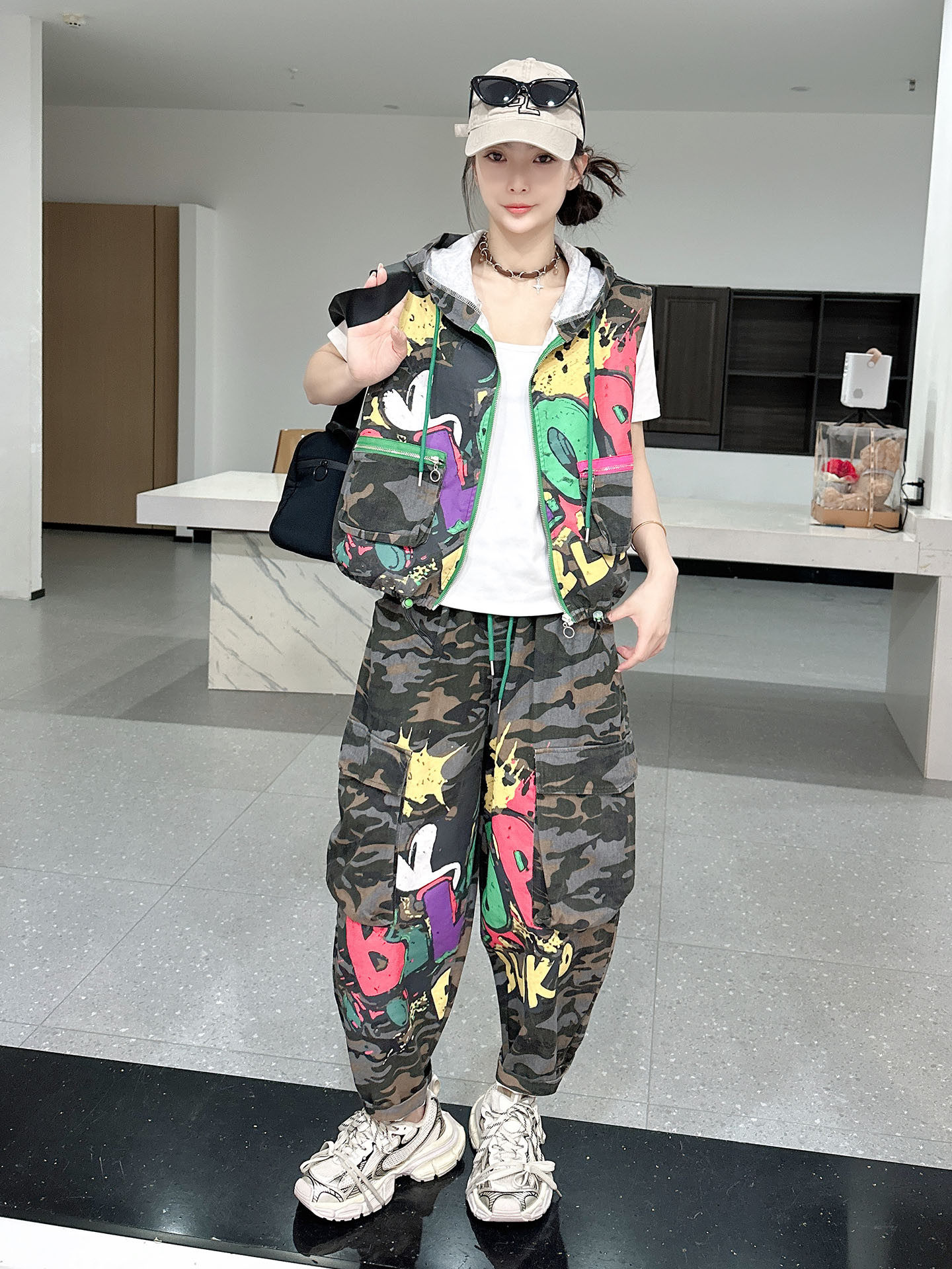 Street Fashion Baggy - Camouflage Vest Two Piece Set Women