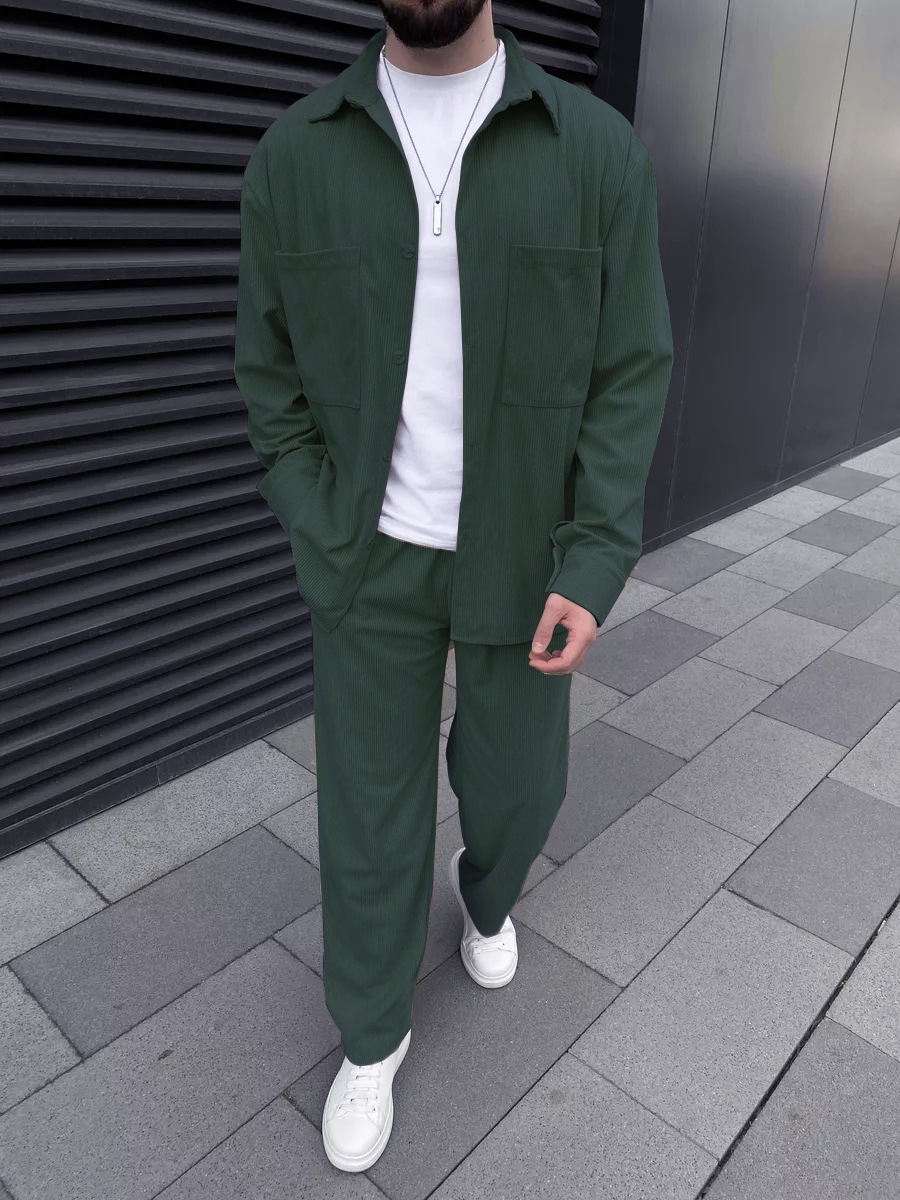 Street Fashion Clothes - Men's corduroy two-piece outfit: long-sleeved button-down