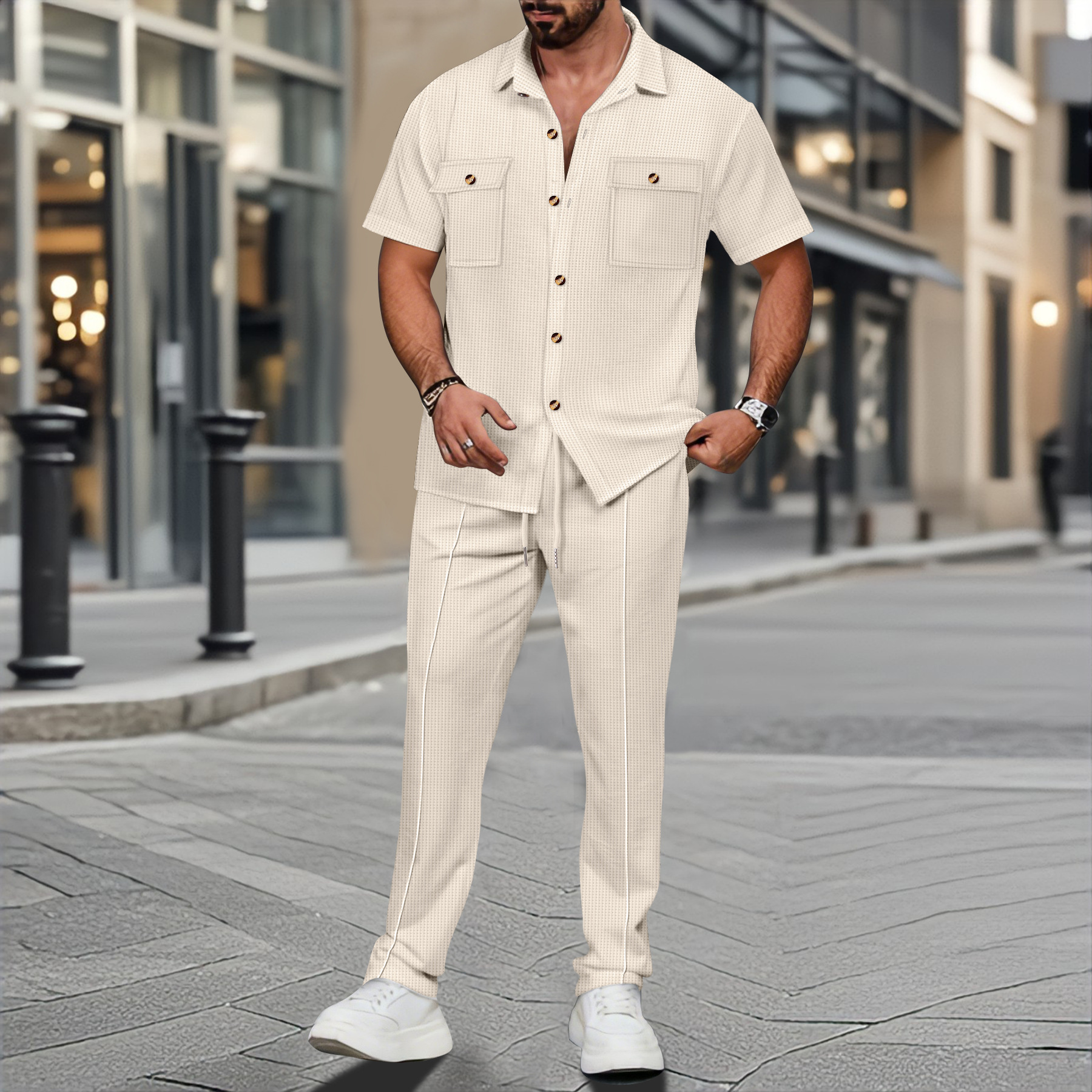 Street Summer Fashion - Men Summer Solid Color Lapel Button