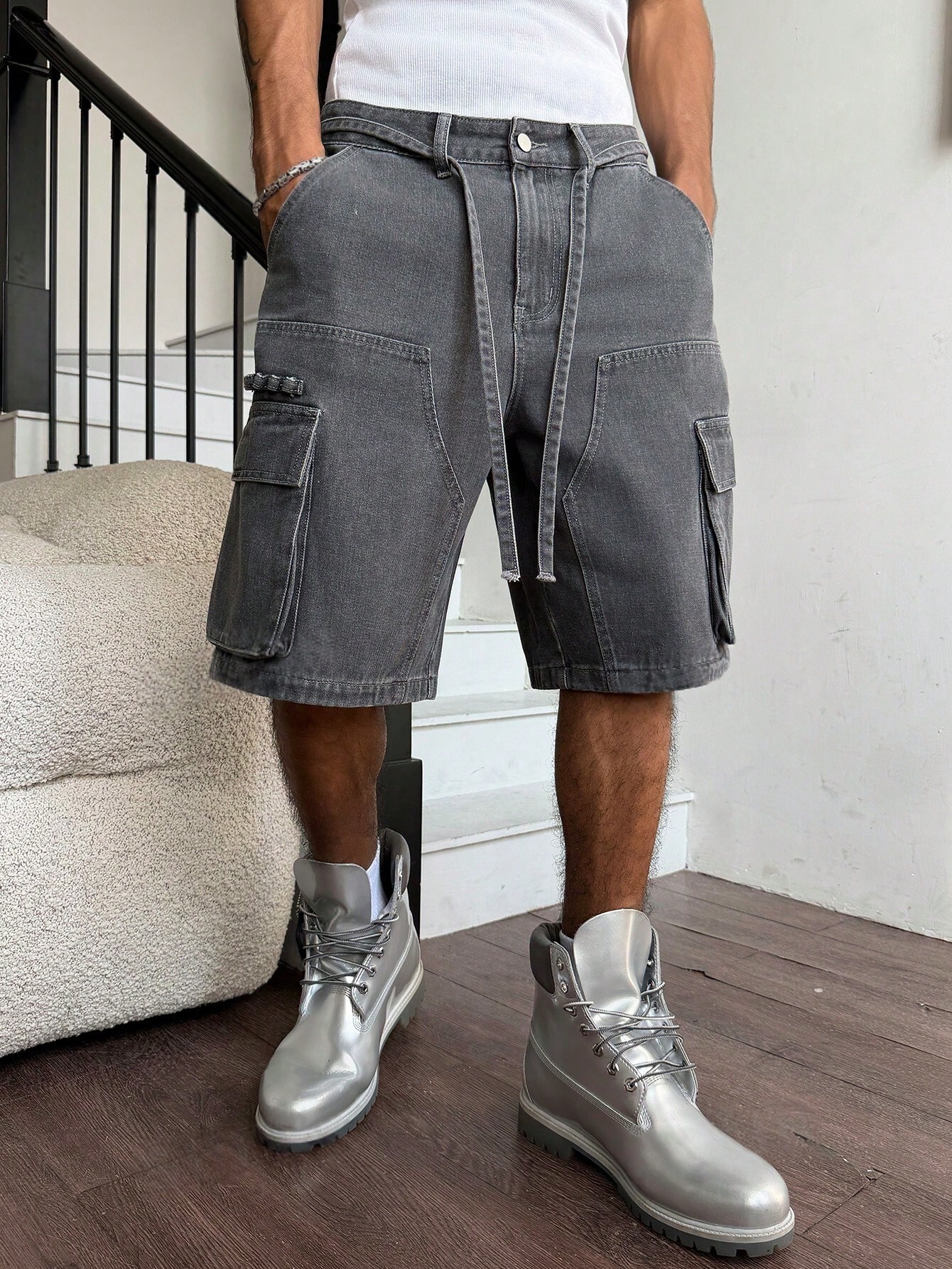 Men Grey Washed Cargo Denim Sh - مراجعة Street Fashion Baggy وسعره