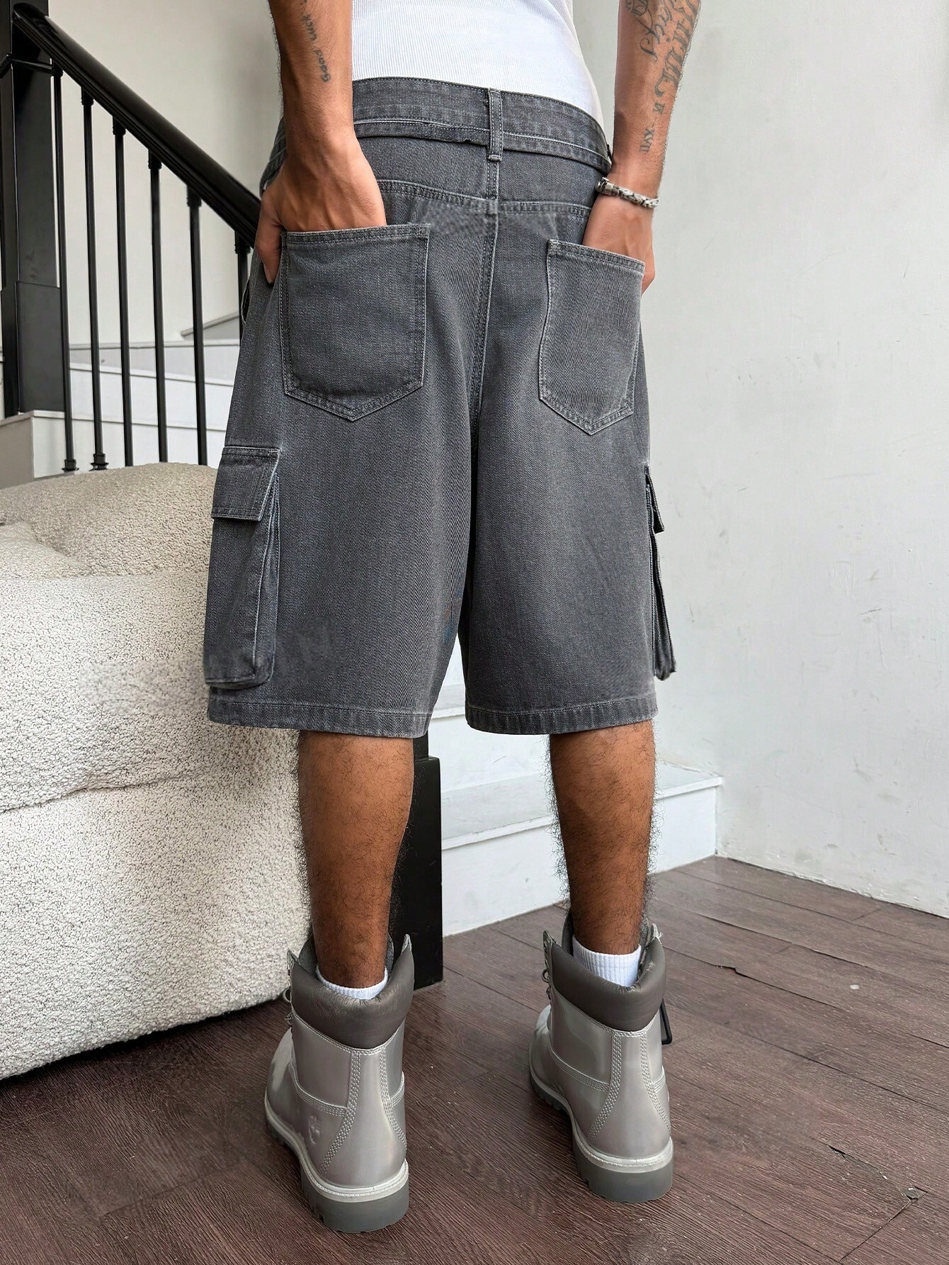Men Grey Washed Cargo Denim Sh - مراجعة Street Fashion Baggy وسعره